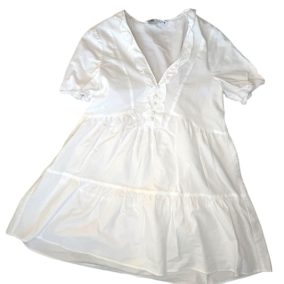 Zara White Babydoll Ruffle Mini Dress Cotton V-Neck - Small - Picture 8 of 12